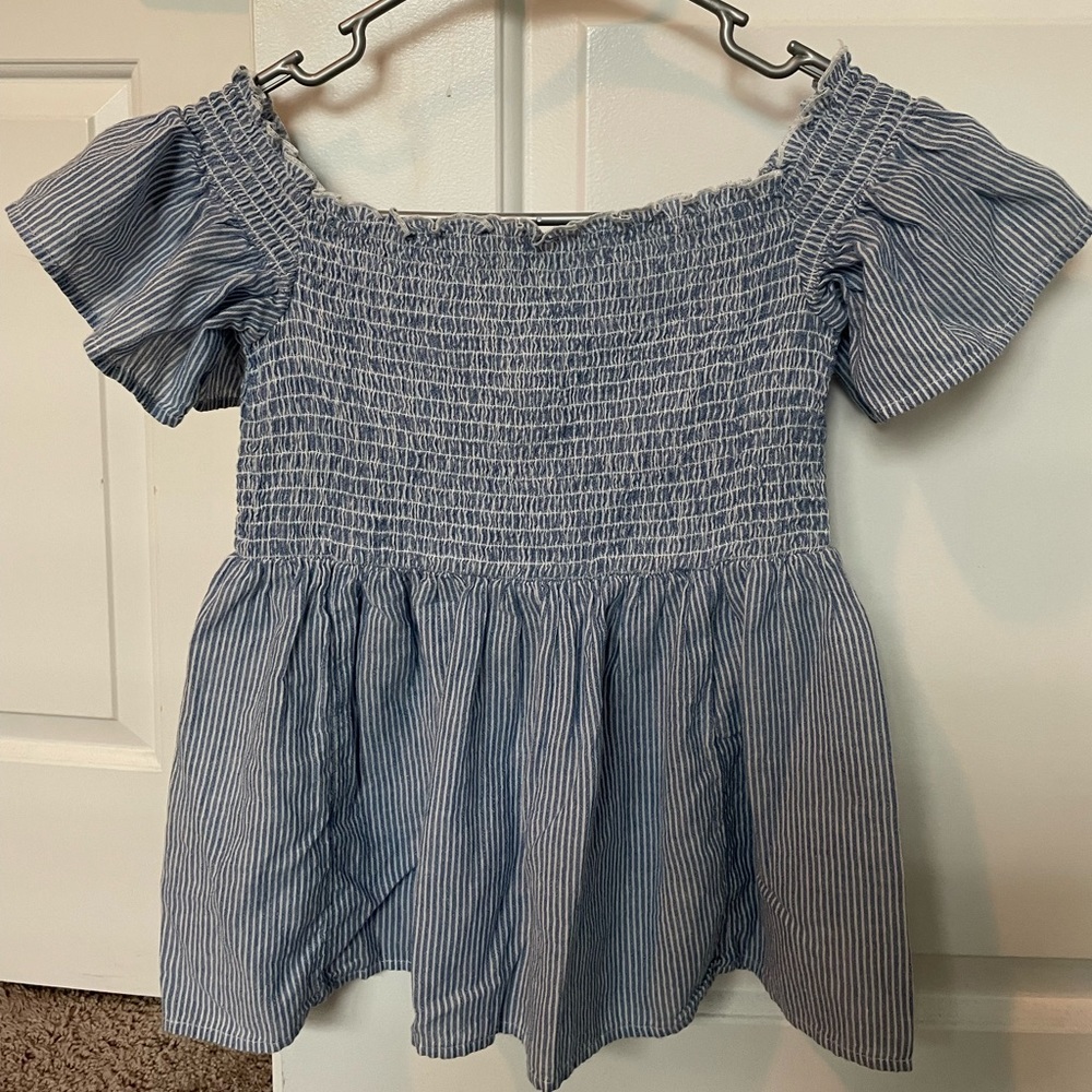 Blue and white striped off the shoulder rouched top